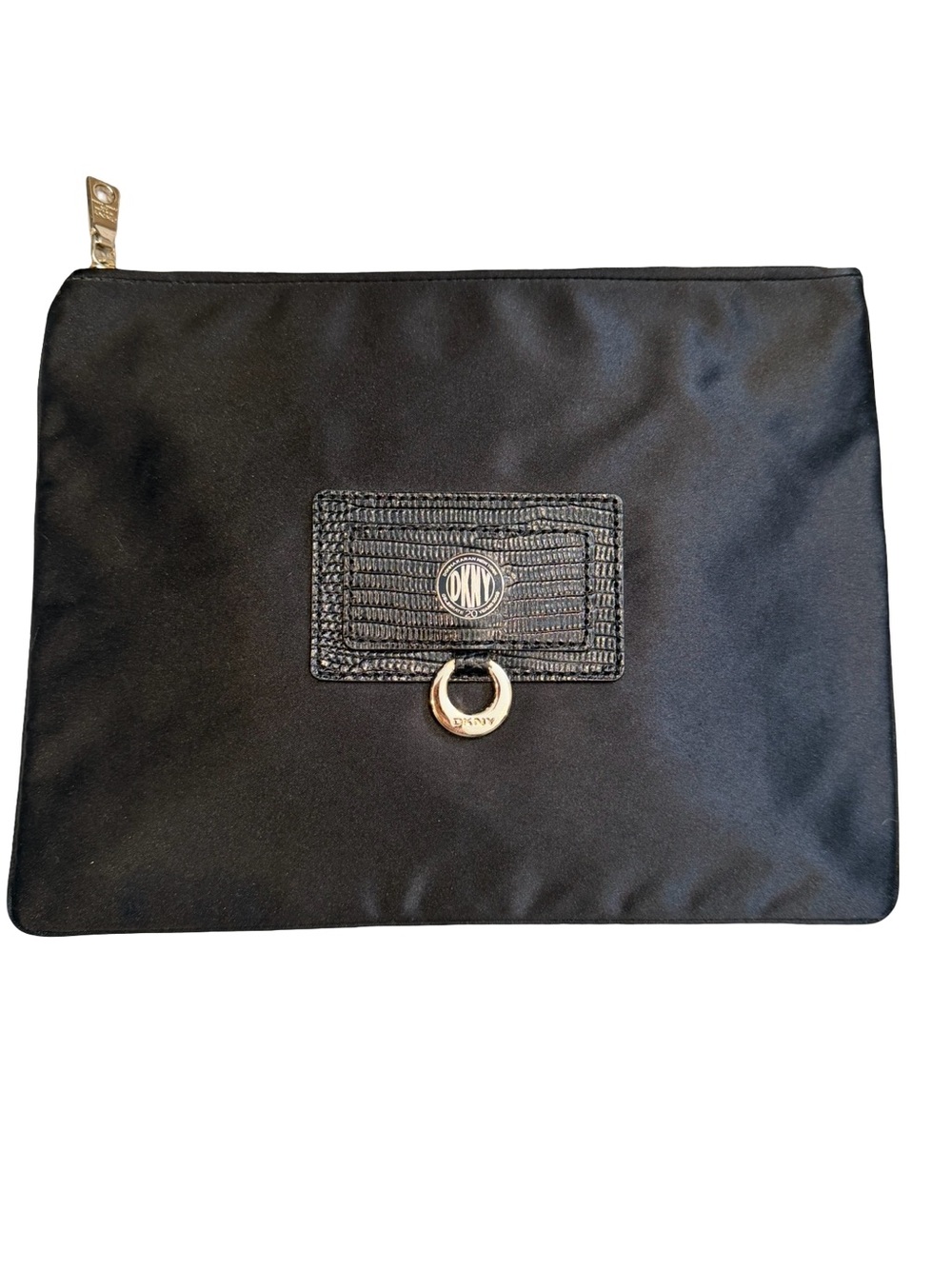 DKNY Black Nylon Zip Clutch/Bag with Gold Ring Accent